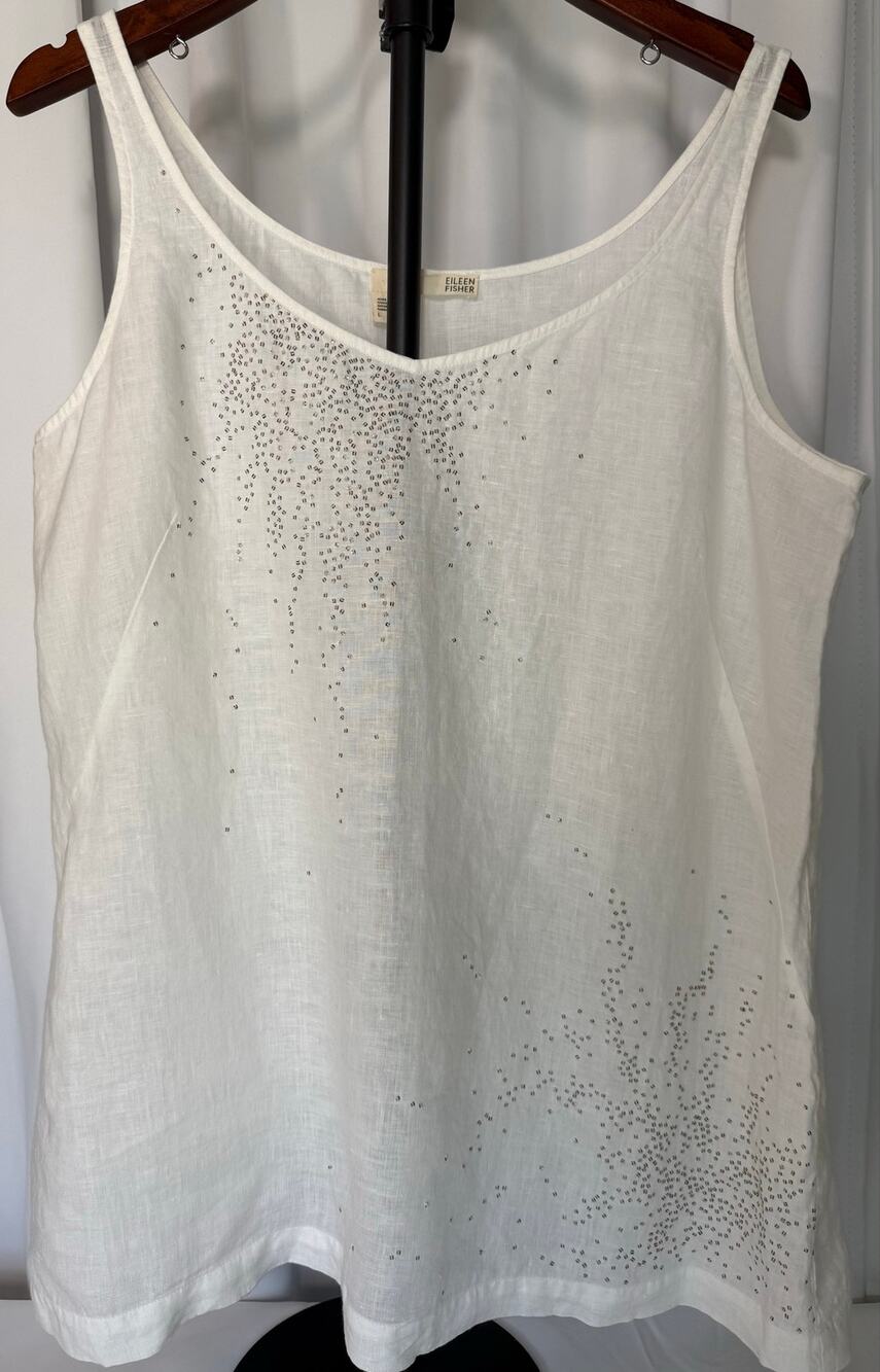 Eileen Fisher White Linen Tank Top Size Large Irish Linen Silver Sequins